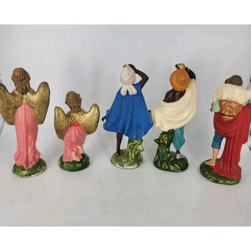 VTG Nativity Figures Stamped Made In ITALY Paper Mache Creche Chalk Set 5 50-60s